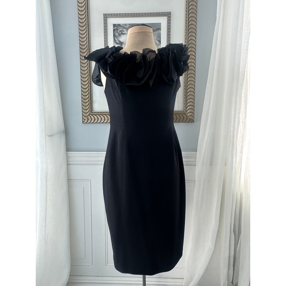 Aidan‎ Mattox Cocktail Sheath Organza Ruffle Crepe Black Glam Size 12/14